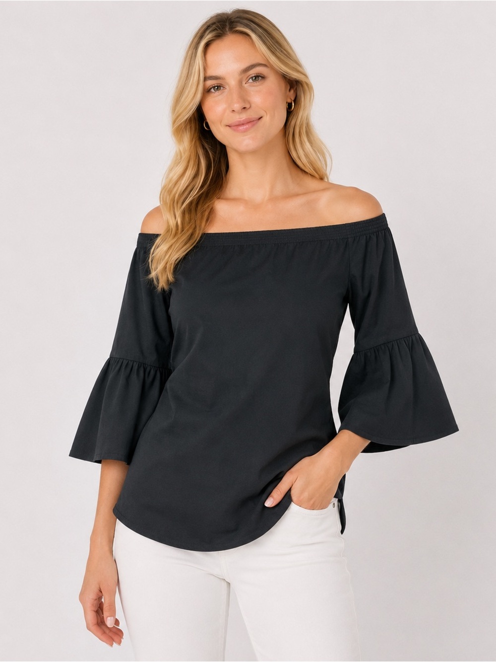 Lafayette 148 Black on/off Shoulder Top 3/4 Flare Sleeves Relaxed Size S Boho